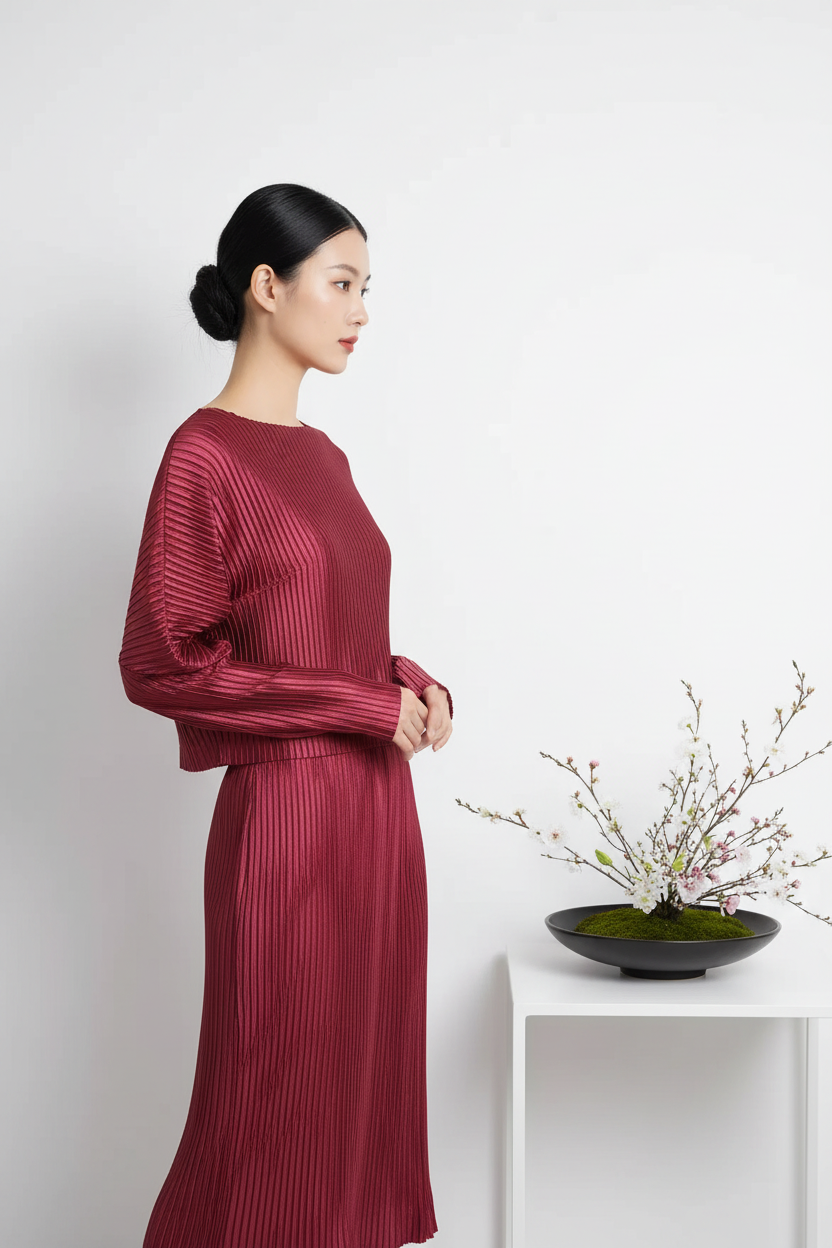 Women's Burgundy Pleated miyake StyleBatwing Sleeve Round Neck Cropped Long-Sleeve Top Shiny Fabric Fashion Casual Daily Wear Trendy Chic