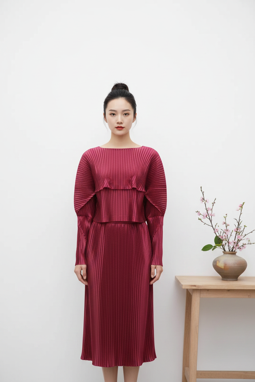 Women's Burgundy Pleated miyake StyleBatwing Sleeve Round Neck Cropped Long-Sleeve Top Shiny Fabric Fashion Casual Daily Wear Trendy Chic
