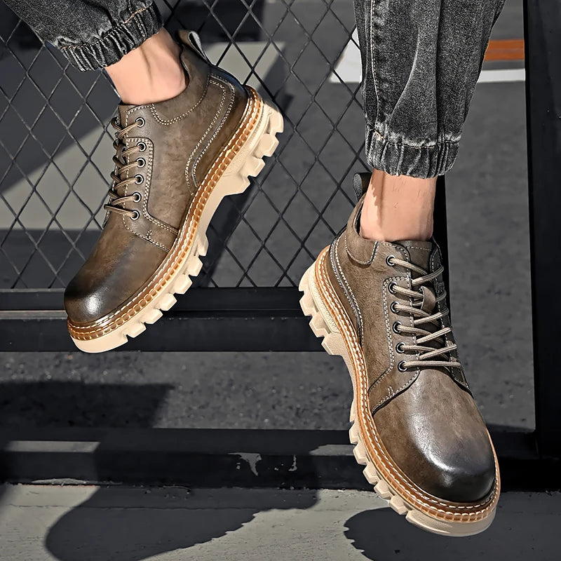 New Genuine Leather Men Boots Cow Leather Upper Durable Sole Lace up Autumn Winter Boots  Daily Leisure Outdoor Shoes For Man