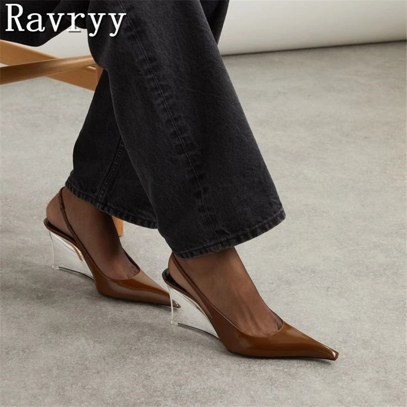 New Fashion Crystal Wedge Women Pumps Pointed Toe Shallow Mouth Slingback High Heels Luxury Fashion Party Banquet Shoes