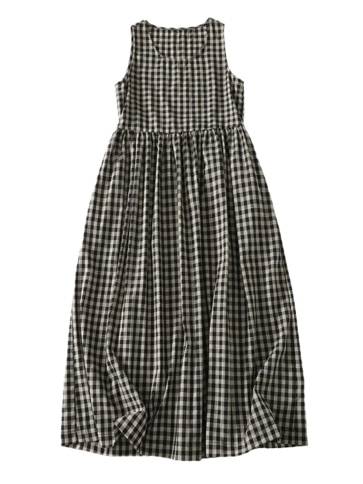 Retro Japanese Sle Linen Plaid Vest Dr Women Summer Loose Cotton Linen Svel Midi Dr A-Line Skirt round Ne