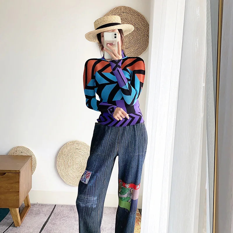 Miyake Pleated Contrasting Colors T-shirt Women Half Turtleneck Skinny Pullover 2025 Summer Fashion Female Clothing