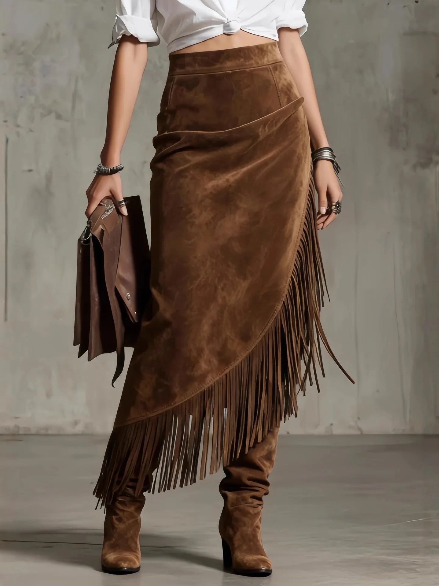 Vintage Tassel Suede Skirt Women High Waist A-Line Irregular Midi Chic Skirts Elegant Fashion Streetwear Patchwork Casual Skirt