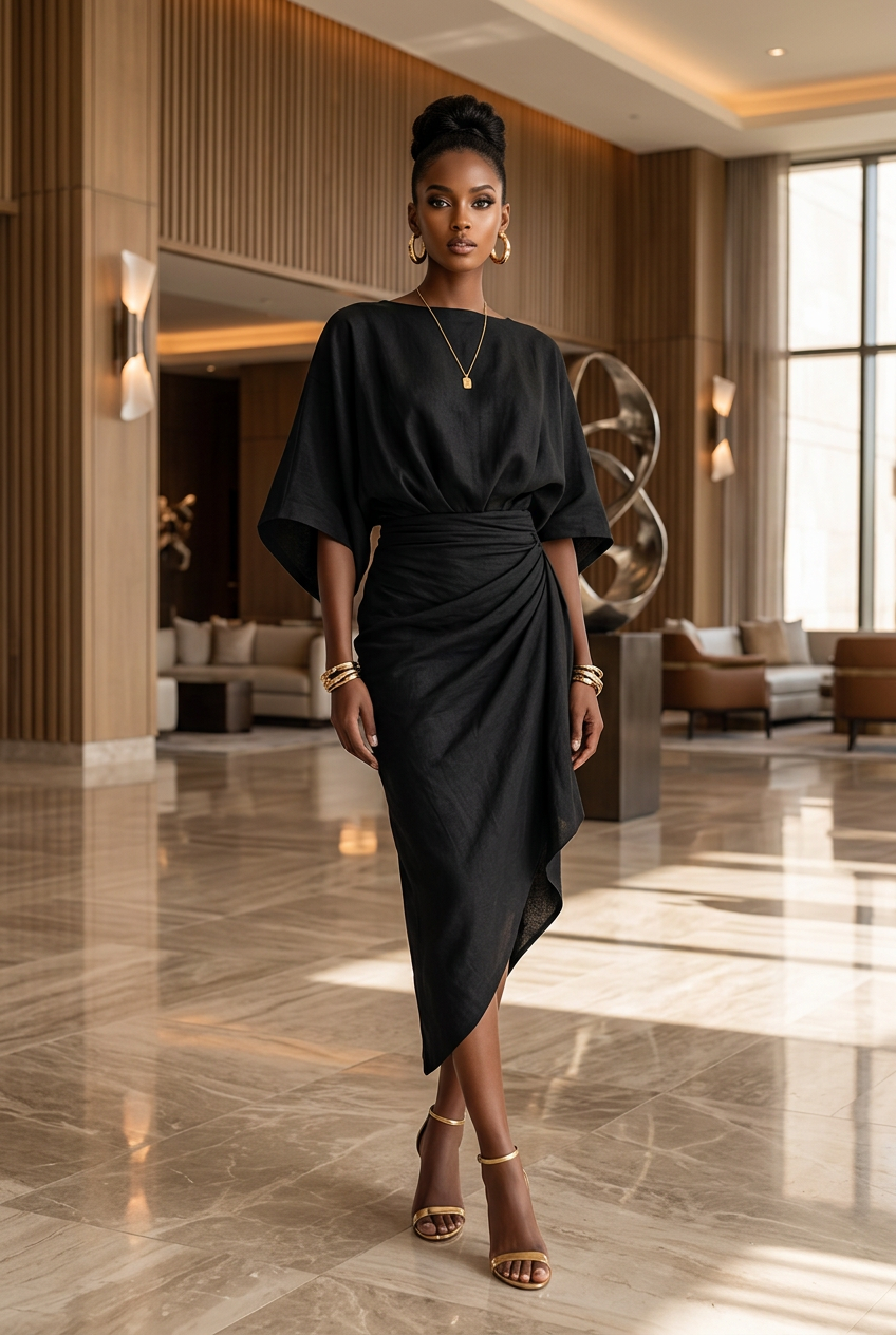 AFANADOR Elegant Women Linen Dress Batwing Sleeve Draped Wrap Design Asymmetrical Midi Dress Loose Fit Summer Office Evening Party Outfit