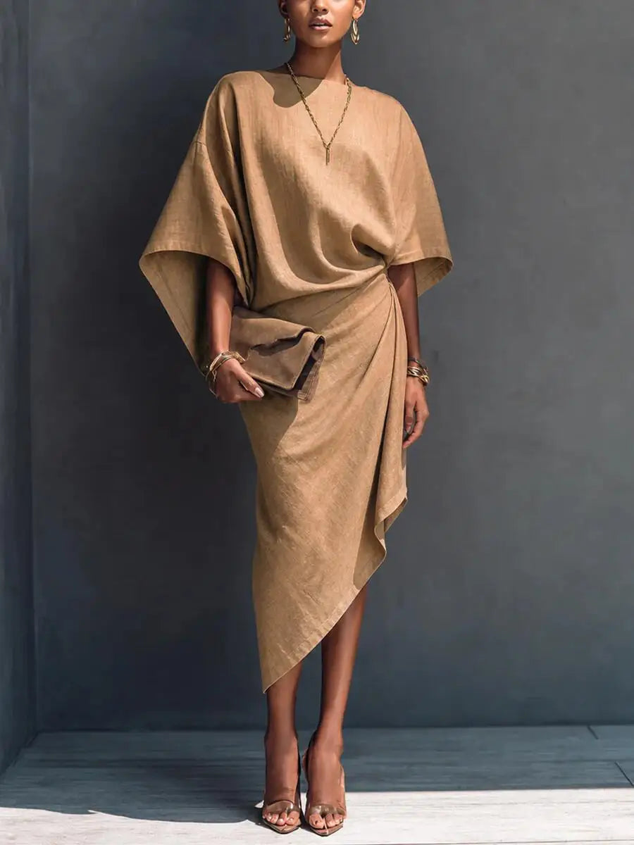 Elegant Women Linen Dress Batwing Sleeve Draped Wrap Design Asymmetrical Midi Dress Loose Fit Summer Office Evening Party Outfit