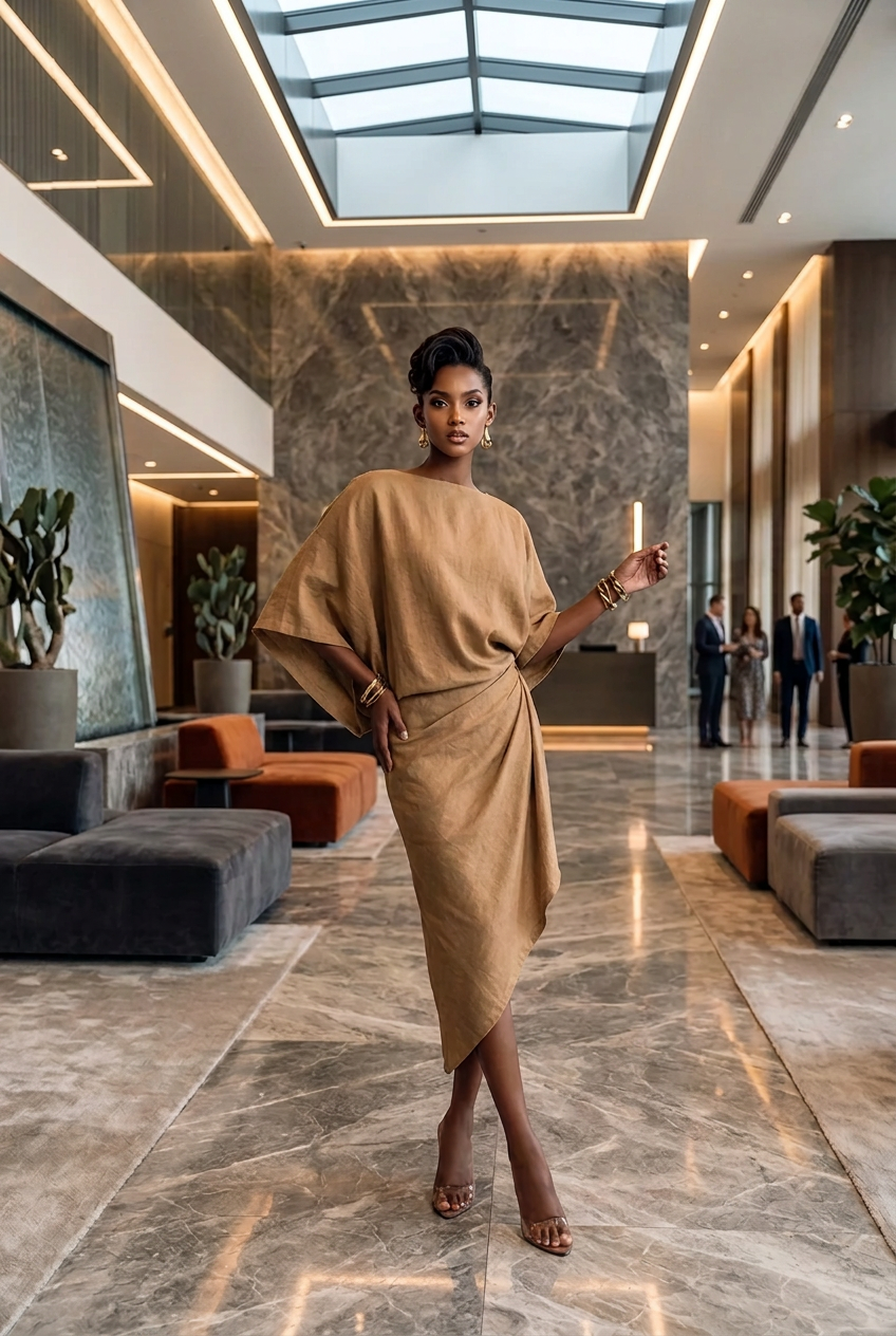 AFANADOR Elegant Women Linen Dress Batwing Sleeve Draped Wrap Design Asymmetrical Midi Dress Loose Fit Summer Office Evening Party Outfit