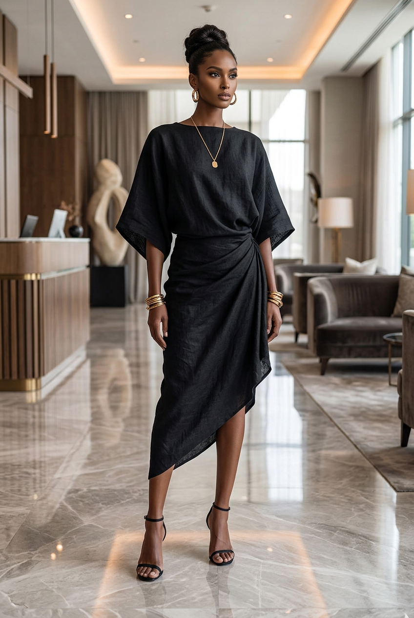 AFANADOR Elegant Women Linen Dress Batwing Sleeve Draped Wrap Design Asymmetrical Midi Dress Loose Fit Summer Office Evening Party Outfit