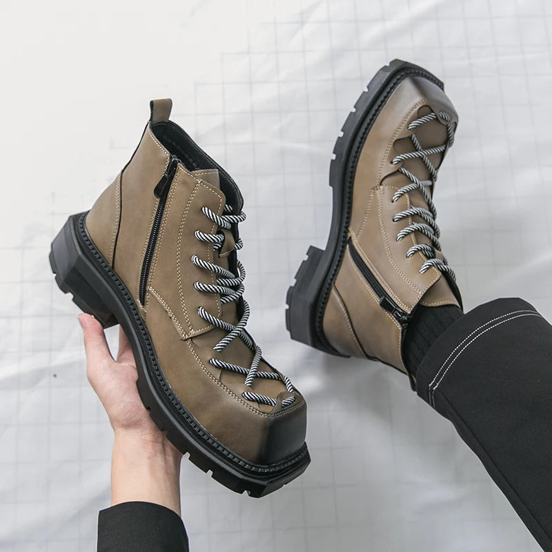 Autumn New Men Comfortable Lace Up Side Zipper High Top Leather Shoes Fashion Brand Round Toe Thick Soled Non Slip Outdoor Boots