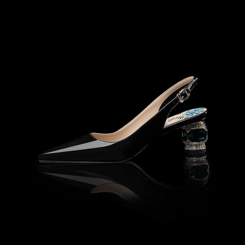 Dilalula 2025 Patent Cow Leather Crystal Heels Sandals Women Pointed Toe Office Ladies Party Dating Wedding Sandals Plus Size