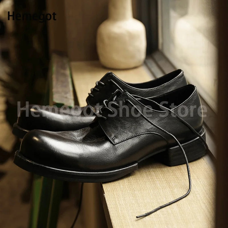 Big Round Toe Casual Shoes Low Cut Breathable Leather Shoes for Men Wear-Resistant Breathable Solid Color Handmade Men's Shoes