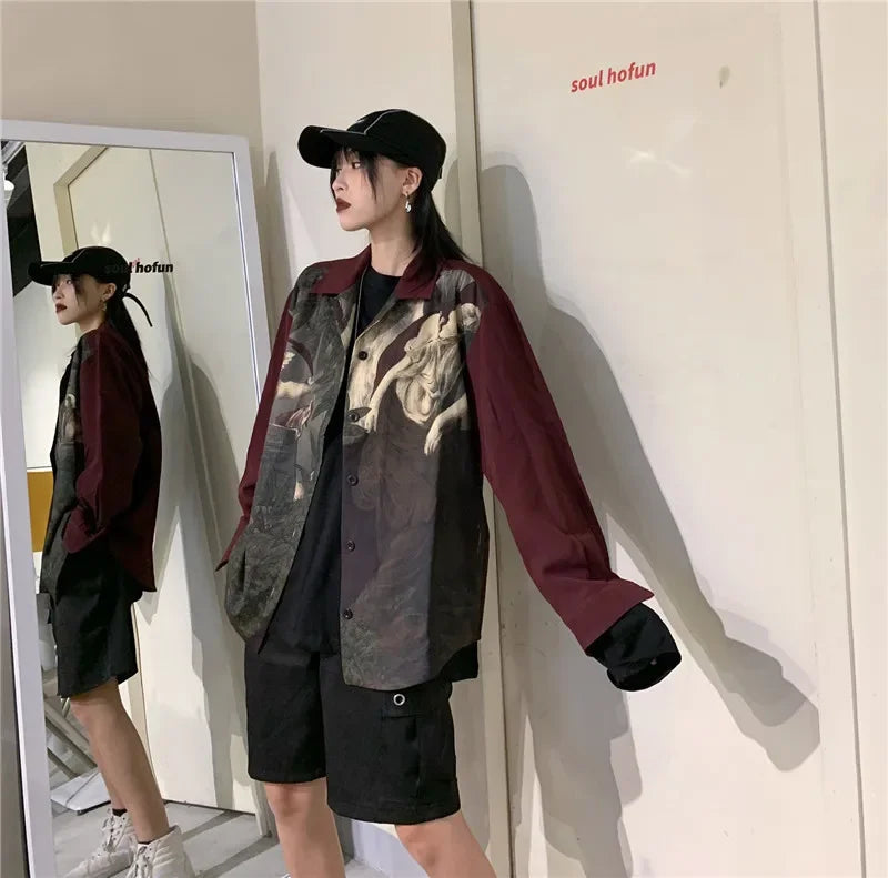 Vintage Blouse Shirt Japanese Clothes Oversized Blusas Fashion Print Women Blouses Long Sleeve Oversized Tops Men Clothes Blusas