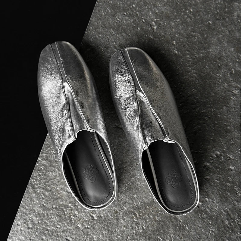 Genuine Sheepskin Mules Women Covered Square Toe Deep Mouth Flat Heel Casual Slippers Female Vacation Slides