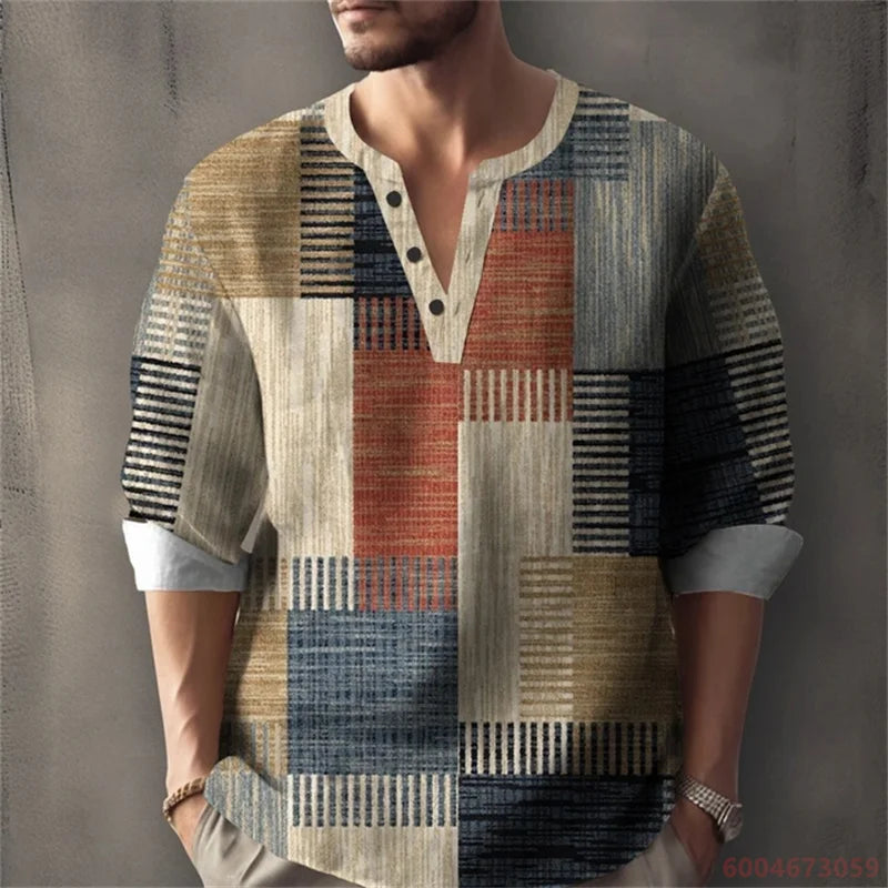 Men's Long-Sleeved Shirt for Summer Vacation, Featuring a Color-Blocked Geometric Print and Henley Collar; Stylish Men's Shirt.