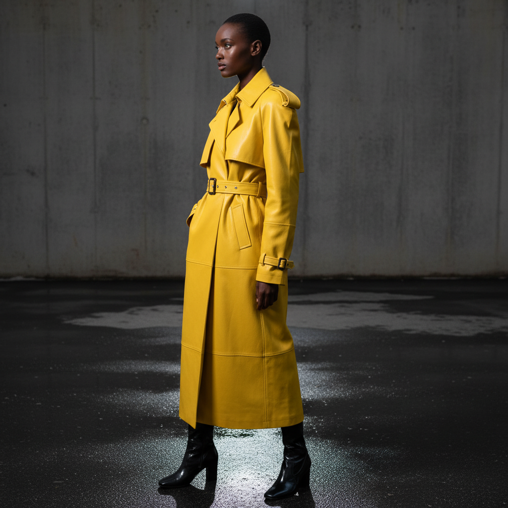 Spring Autumn Extra Long Bright Yellow Faux Leather Trench Coat for Women Shoulder Pads Double Breasted Luxury Designer Clothes