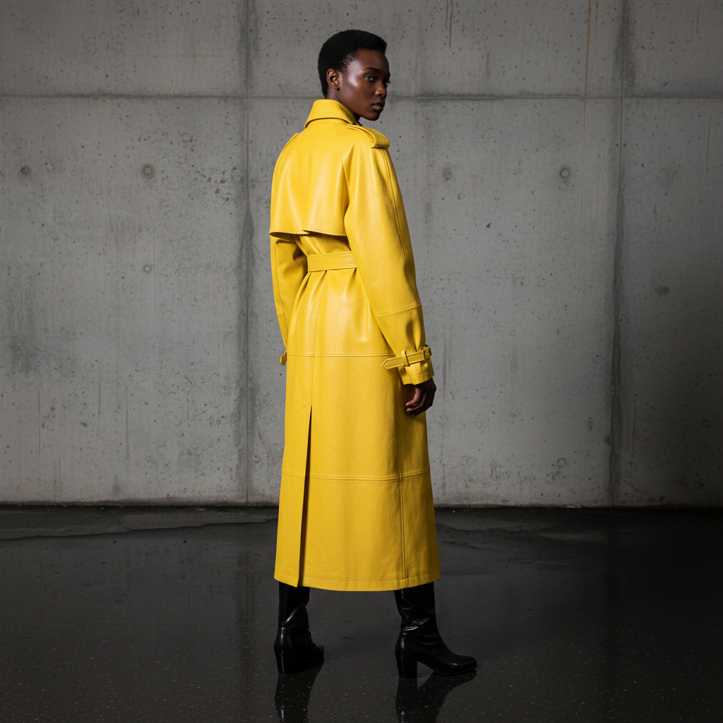 Spring Autumn Extra Long Bright Yellow Faux Leather Trench Coat for Women Shoulder Pads Double Breasted Luxury Designer Clothes