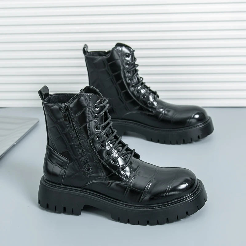 Luxury Brand Men's Autumn and Winter Crocodile Leather Side Zipper High Top Boots Fashionable New Men's Comfortable Short Boots