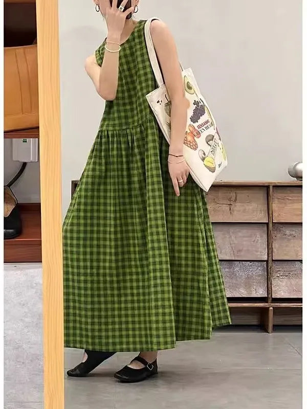 Slimming Plaid Cotton Lin Svel Long Dr Women's plus Size Dstring Waist round Ne Vest Skirt Commute Sle Summer...