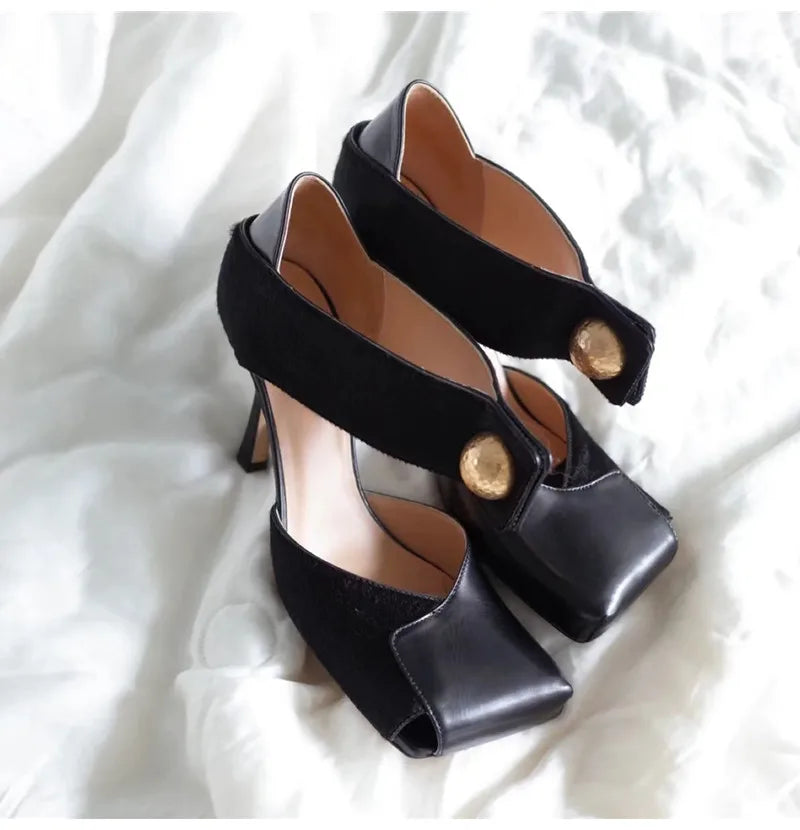 Vintage Square toe Patchwork Leather Women Pumps Fashion Spring Autumn Mary Janes Horsehair Stiletto High heels Party Prom Shoes