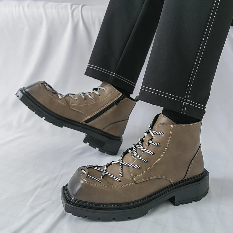 Autumn New Men Comfortable Lace Up Side Zipper High Top Leather Shoes Fashion Brand Round Toe Thick Soled Non Slip Outdoor Boots