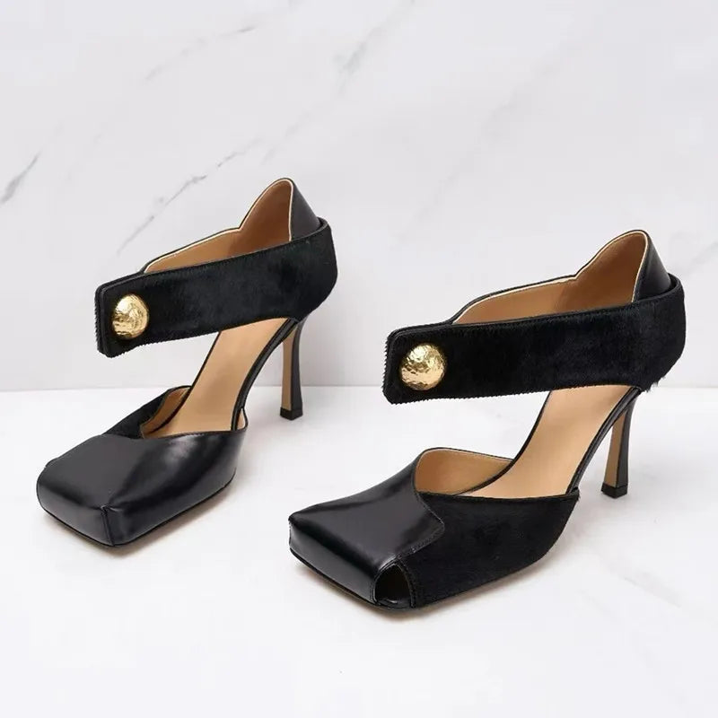 Vintage Square toe Patchwork Leather Women Pumps Fashion Spring Autumn Mary Janes Horsehair Stiletto High heels Party Prom Shoes
