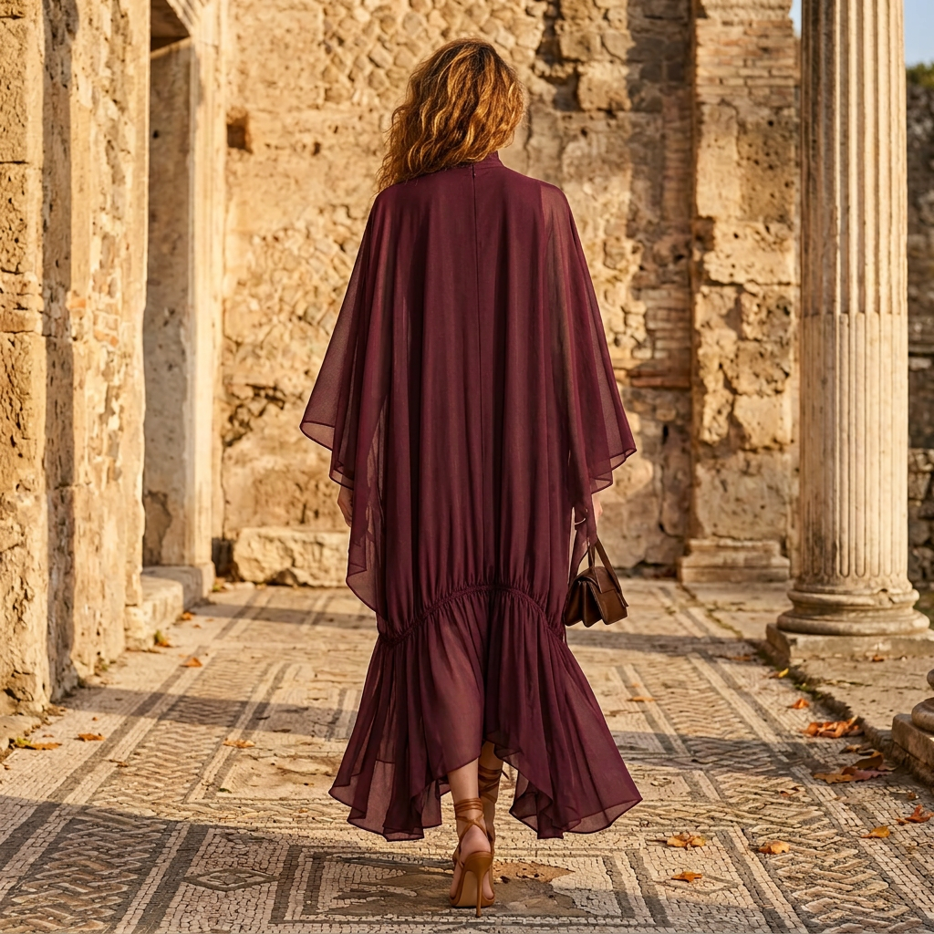 Elegant Women Sheer Chiffon Maxi Dress Turtleneck Batwing Sleeve Loose Flowy Ruffle Long Dress Casual Holiday Party Dresses