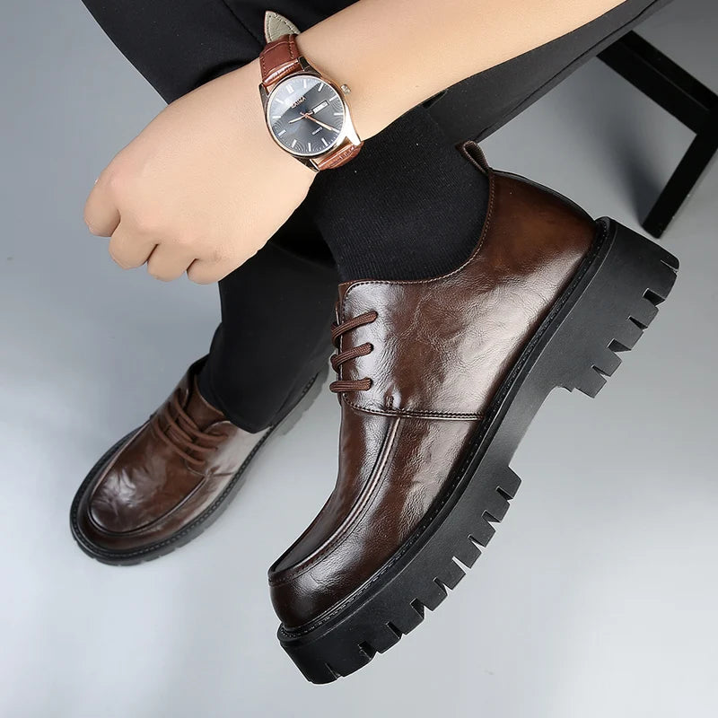 Men's Fashion Genuine Leather British Style Thick Bottom Work Shoes Classic Lace Up Comfortable Anti Slip Big Head Leather Shoes