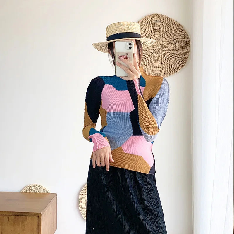 Miyake Pleated Contrasting Colors T-shirt Women Half Turtleneck Skinny Pullover 2025 Summer Fashion Female Clothing