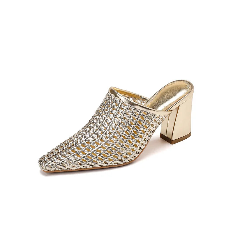 Elegant Braided Mules Women Covered Toe Breathable High Thick Heels Slippers Ladies Office Shoes Party Dating