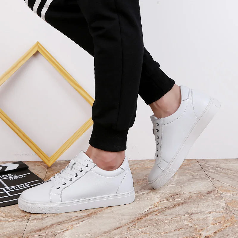 Man Elevator Shoes Height Increase Insoles High Heels Shoes 5-6CM Shoes Tall Shoes White Genuine Leather Shoes Men Sneakers