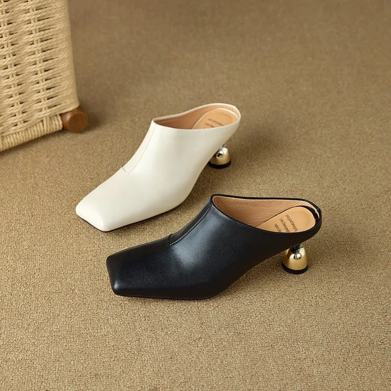 Dilalula 2025 Elegant Genuine Leather Thin High Mules Women Covered Toe Strange High Heels Ladies Party Dress Shoes Summer