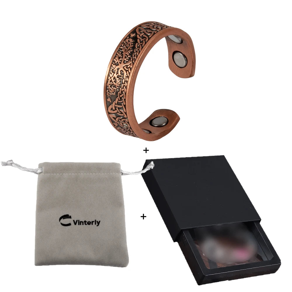 Vinterly Pure Copper Magnetic Rings Lucky Tree Vintage 6.5mm Health Energy Finger Cuff Adjustable Jewelry High Magnet Resizable