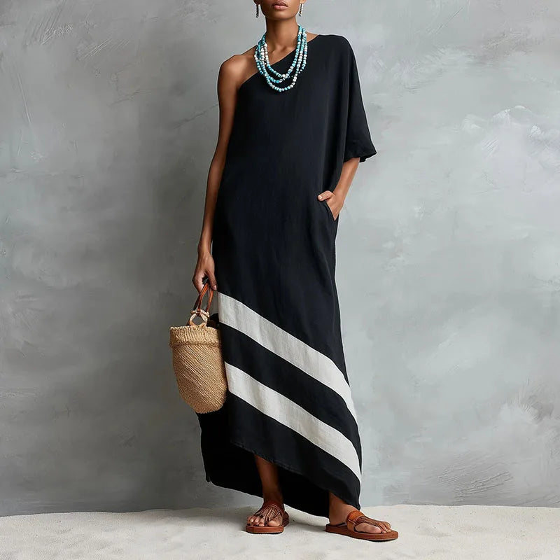 New Women One Shoulder Maxi Dress Short Batwing Sleeve Diagonal Stripe Print Asymmetric Hem Autumn Loose Boho Beach Travel Dress