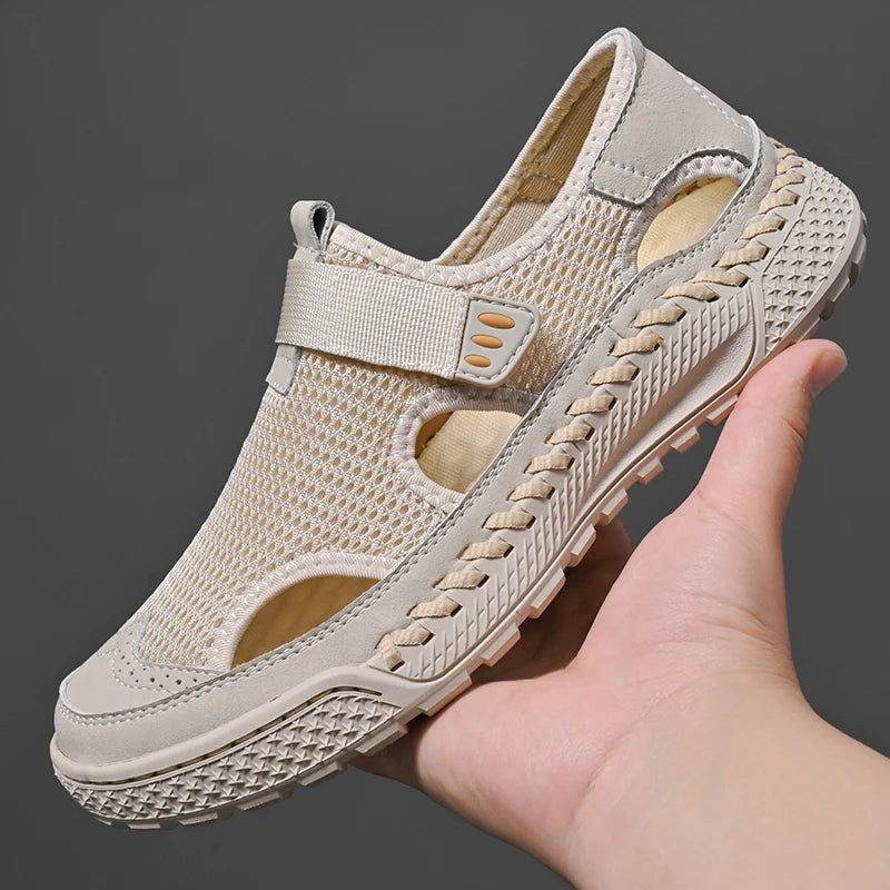 Brand Mesh Leather Men Summer Loafers Breathable Driving Shoes Moccasins Hollow Out Male Cool Lazy Shoe Leisure Walk Men Sandals