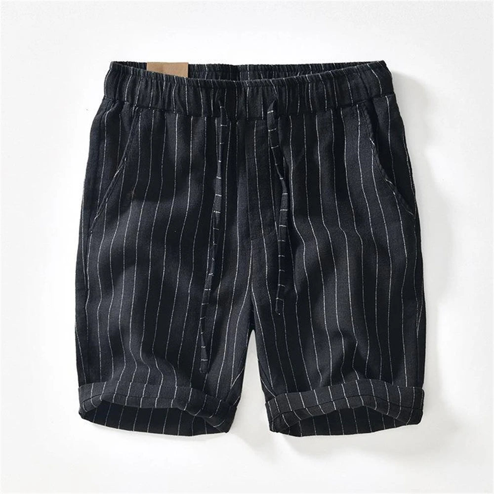 Summer cotton linen men's beach shorts loose fit breathable ramie striped straight daily causal pants for men