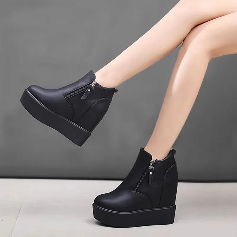 Women's Ankle Boots 2025 Winter Leather Short Plush Warm Boots For Woman Platform Shoes Ladies Hidden Heel Ankle Boot Shoes