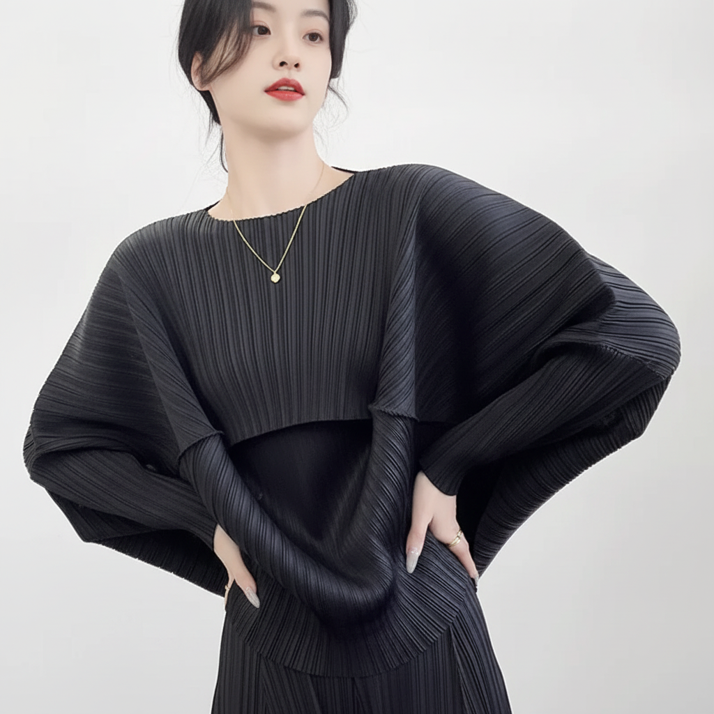 Women's Burgundy Pleated miyake StyleBatwing Sleeve Round Neck Cropped Long-Sleeve Top Shiny Fabric Fashion Casual Daily Wear Trendy Chic