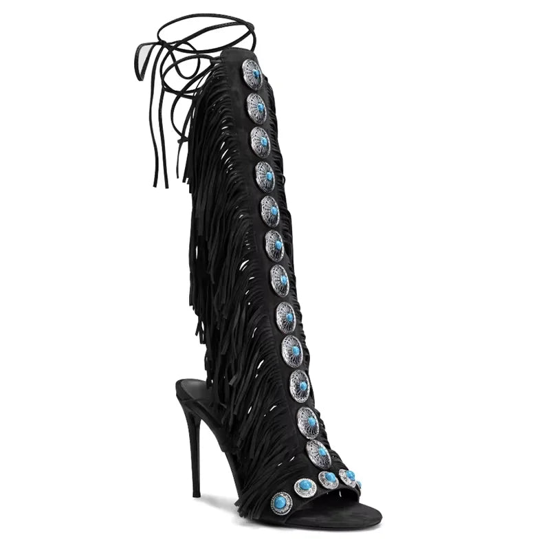Summer Sandals cow suede leather tassel women sandal peep toe sexy lace up knee high shoes US size
