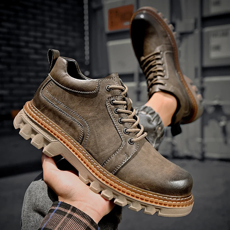 New Genuine Leather Men Boots Cow Leather Upper Durable Sole Lace up Autumn Winter Boots  Daily Leisure Outdoor Shoes For Man