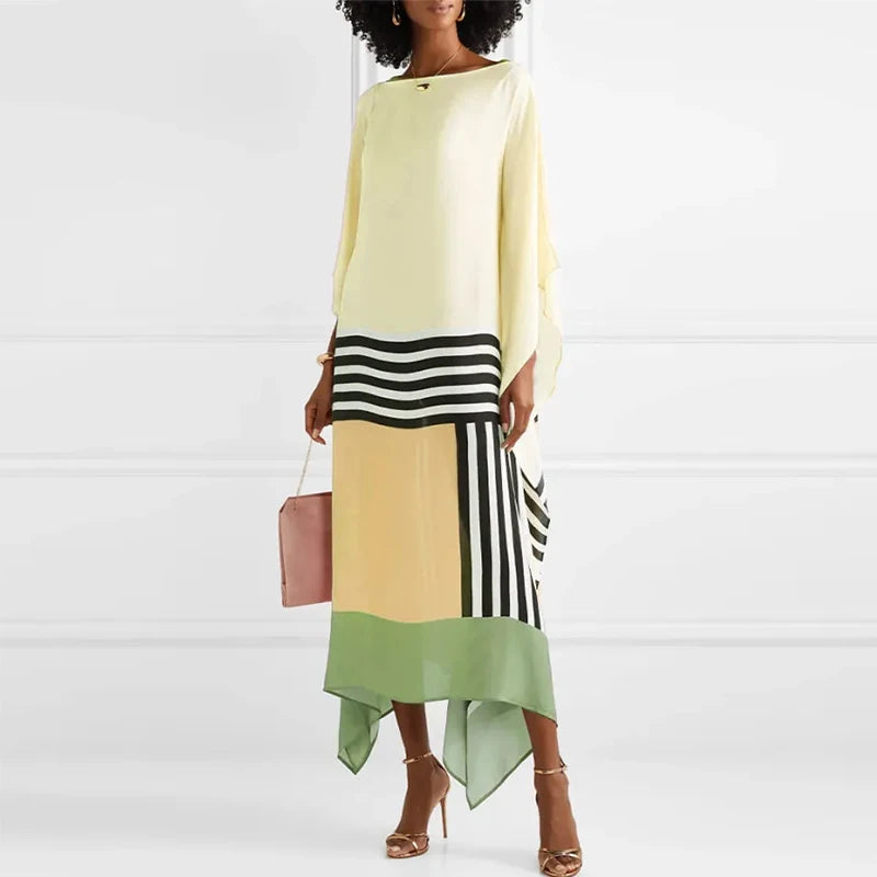 Candy Stripe Print Patchwork Kaftan Dresses Women’s Spring Round Neck Irregular Long Dress Summer Batwing Sleeve Boho Maxi Dress