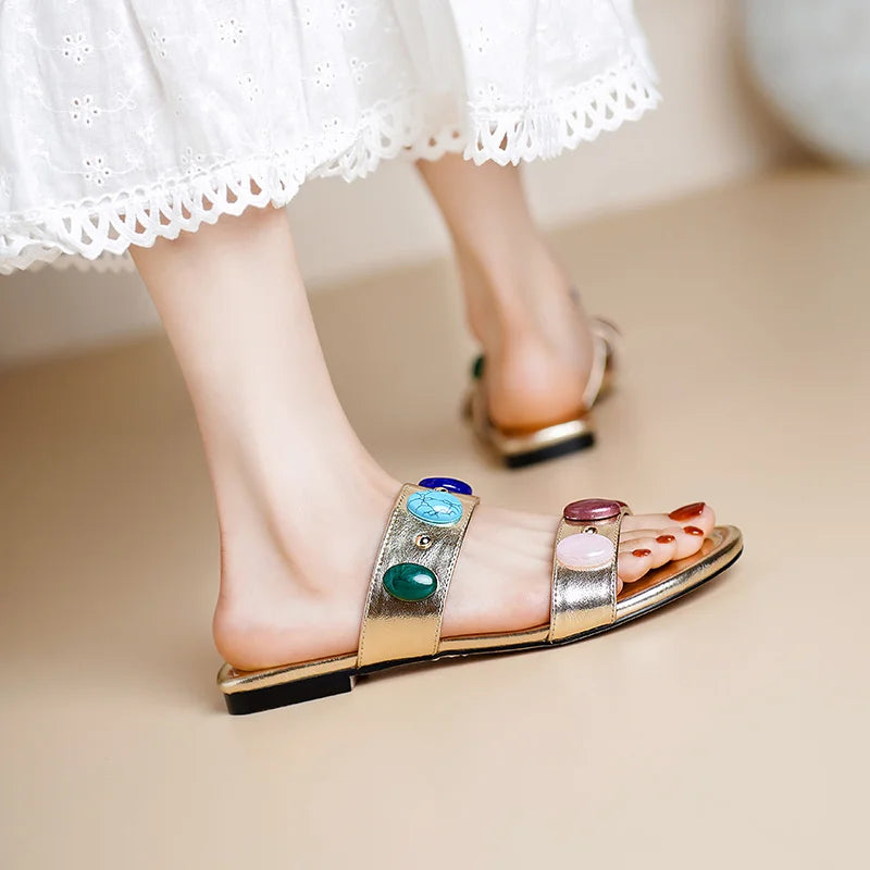 Dilalula Genuine Leather Bohemia Style Casual Slippers Women Peep Toe Low Heel Colorful Stone Decoration Slides Female Beach