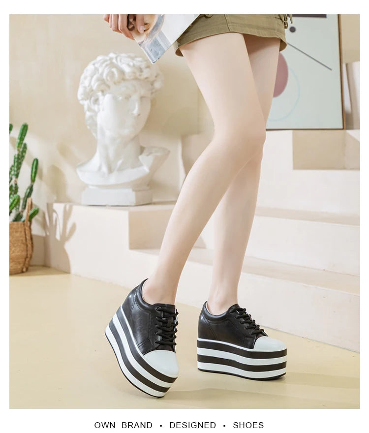 12cm Genuine Leather Platform Wedge Chunky Sneaker Hidden Heels Casual Breathable New Spring Autumn High Brand Vulcanize Shoes