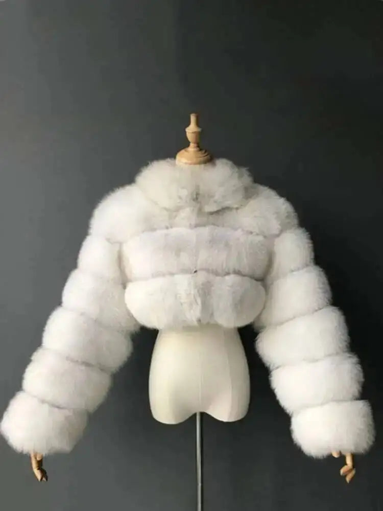 DEAT Fashion Women's Faux Fur Coat Stand Neck Long Sleeve Zipper Short Solid Color Thick Warm Jackets Winter 2024 New 7AB6434