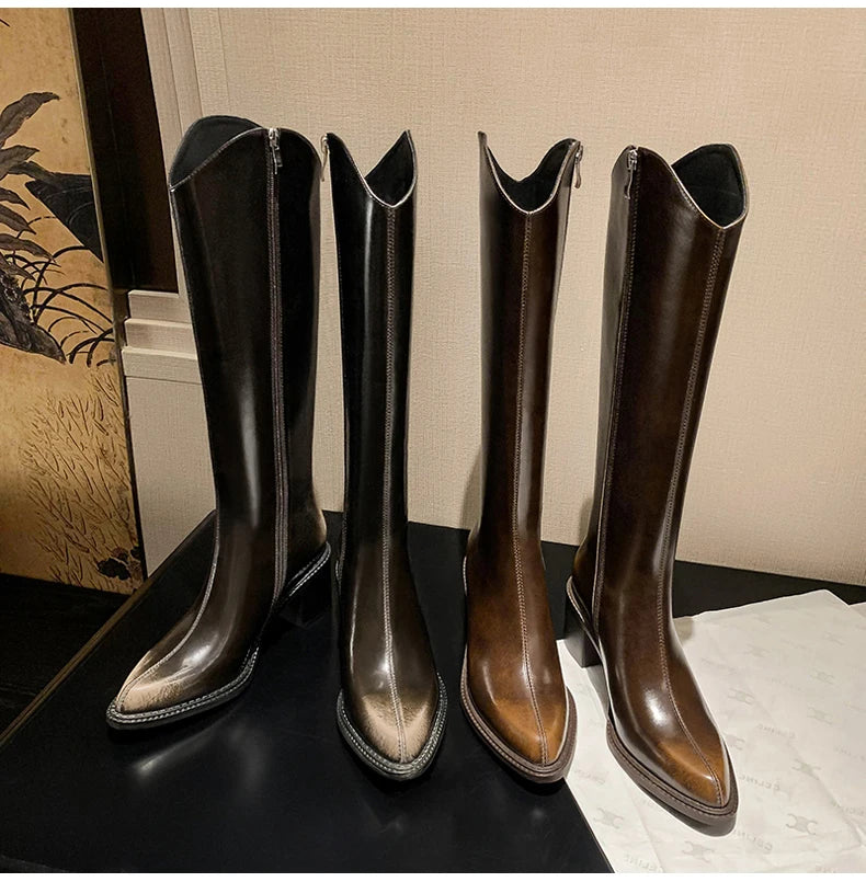 Ods New Women Genuine Leather Pointed Toe Knee High Boots Black White Brown Side Zipper Female Shoes Thick Heel Plus Size 42