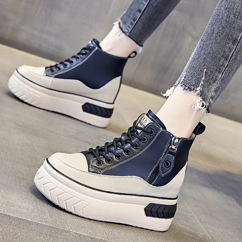 High Top Women Shoes Genuine Leather 8cm Platform Boots Ankle Wedge Hidden Heel Zip Autumn Warm Fur Winter Shoes Sneakers