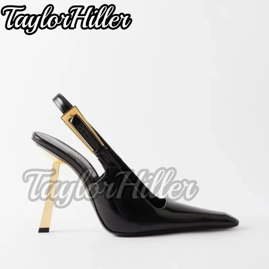 Luxury Slingback Patent Leather Heeled Sandals Pointy Toe Shallow High Heels Women Golden Strange Style Designer Shoes Summer
