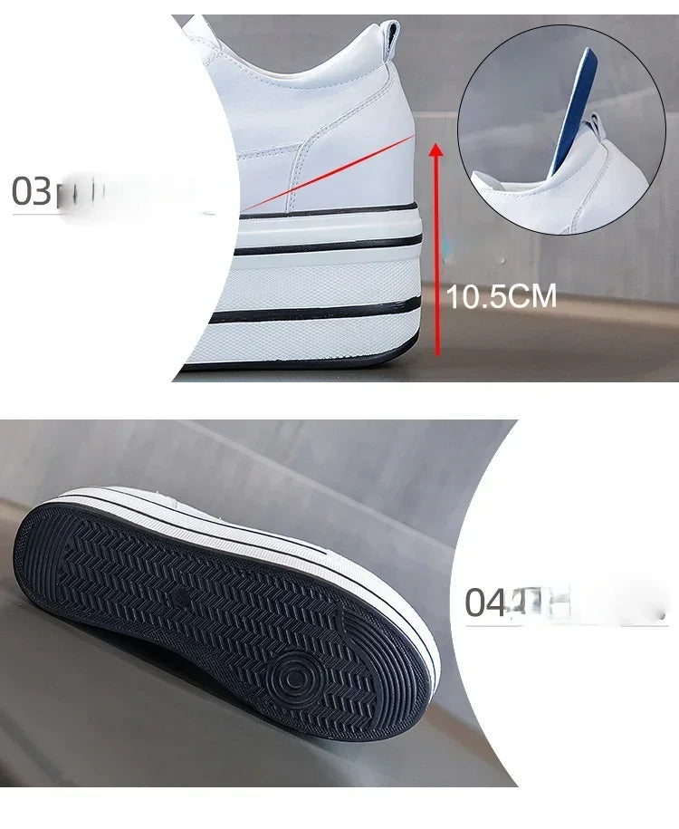 Fashion 10.5cm High Thick Heel Platform Flats Women Casual Shoes Genuine Leather Soft Quality Casual Shoe Sneakers White Black