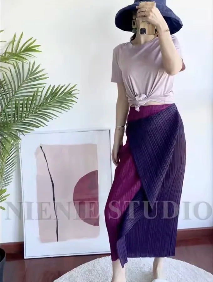Miyake Pleated Skirt High Waist One Button Stitching Long Asymmetrical Skirt Two Piece Straight Korea Fashion Aesthetic Clothes