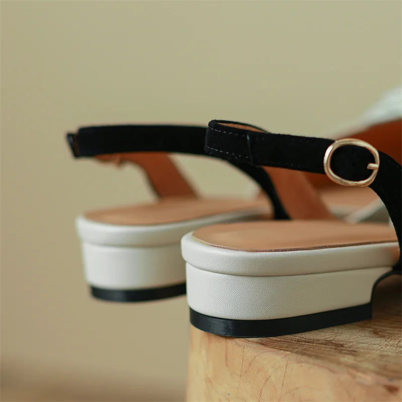 Dilalula Summer Genuine Leather Covered Toe Flower Sandals Ladies Sweet Low Thick Heels Elegant Flower Mixed Color Dress Shoes