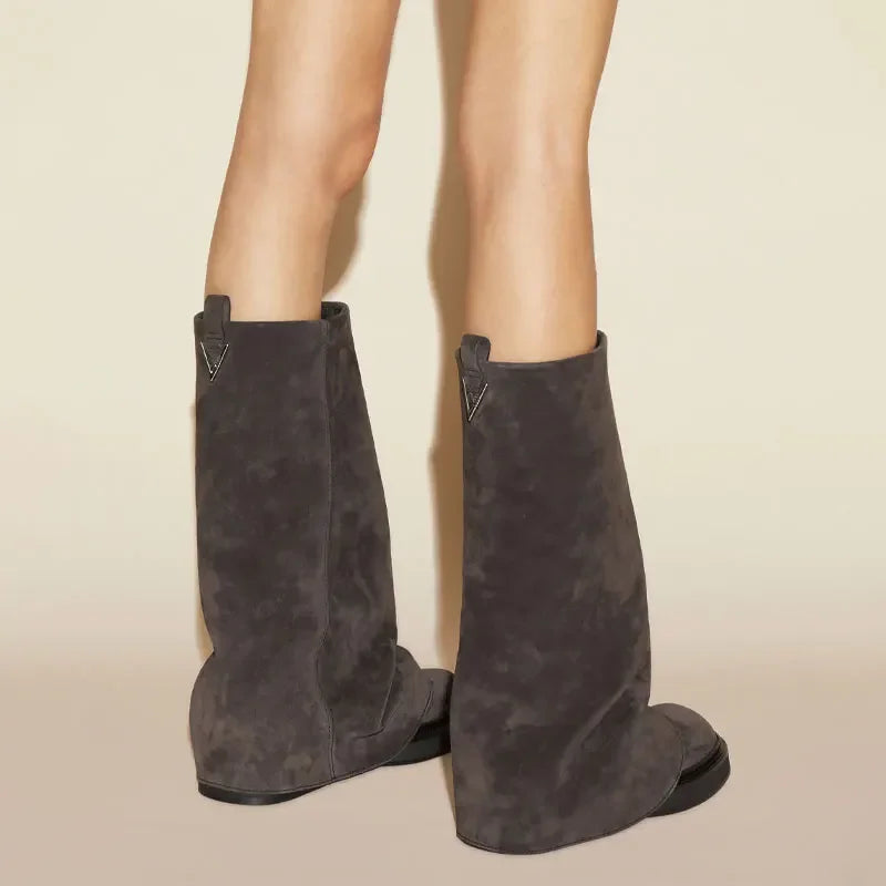 Women's Chunky Leather Flats & Knee Boots - Square Toe Loose Fit Spring-Autumn Casual Shoes with Pleated Pants
