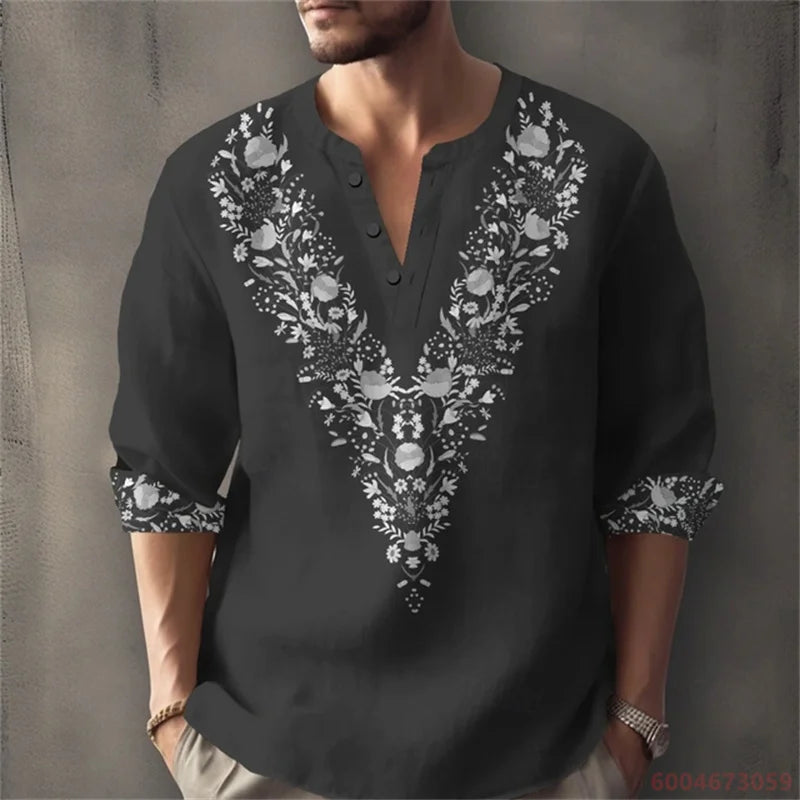 Men's Long-Sleeved Shirt for Summer Vacation, Featuring a Color-Blocked Geometric Print and Henley Collar; Stylish Men's Shirt.